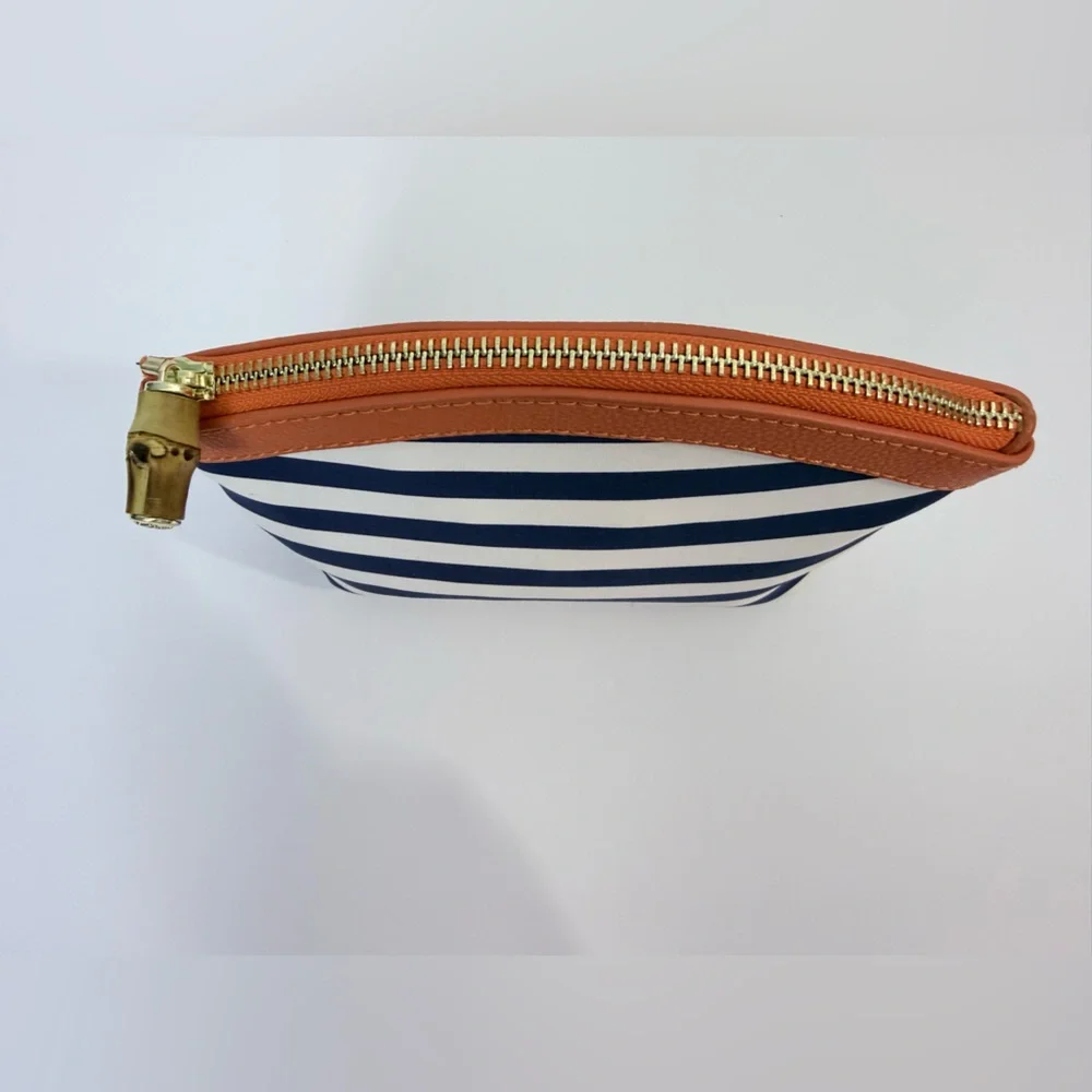 J. McLaughlin Navy and White Striped Cosmetic Bag with Tan Trim - Picture 6 of 10